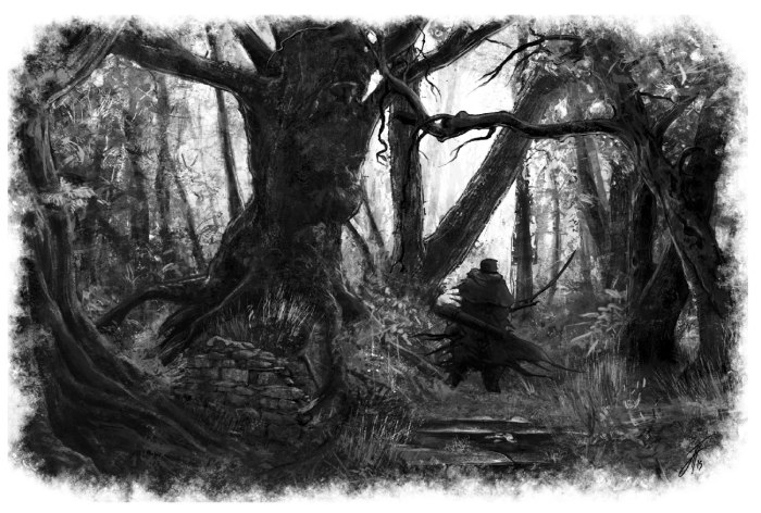 A scout explores the haunted forest of a known witch. Artwork by Jack Holliday. 